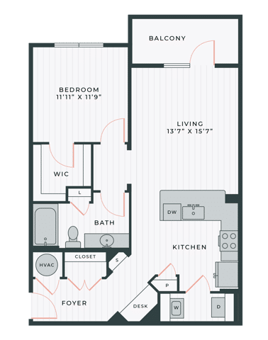 A 3D image of the The Eva floorplan, a 830 squarefoot, 1 bed / 1 bath unit