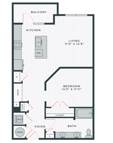 A 3D image of the The Despina floorplan, a 809 squarefoot, Studio bed / 1 bath unit