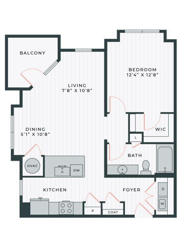 A 3D image of the The Benny floorplan, a 800 squarefoot, 1 bed / 1 bath unit