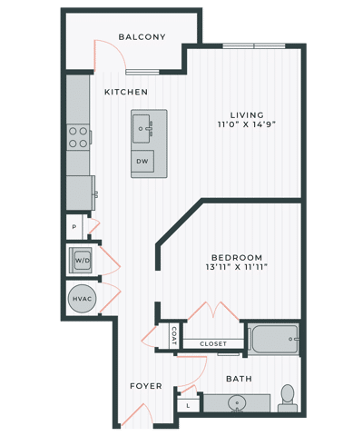 A 3D image of the The Eirene floorplan, a 767 squarefoot, Studio bed / 1 bath unit