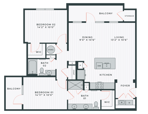 A 3D image of the The Rhode floorplan, a 1,167 squarefoot, 2 bed / 2 bath unit