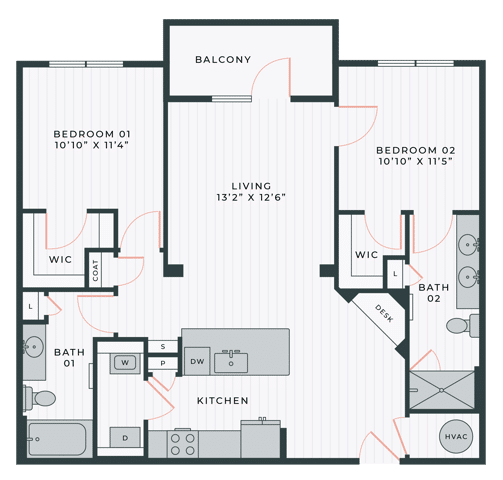 A 3D image of the The Peri floorplan, a 1,077 squarefoot, 2 bed / 2 bath unit
