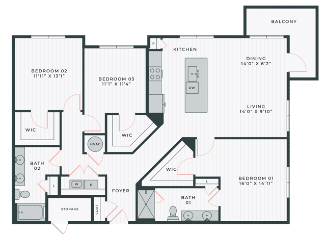 A 3D image of the The Alina floorplan, a 1,568 squarefoot, 3 bed / 2 bath unit